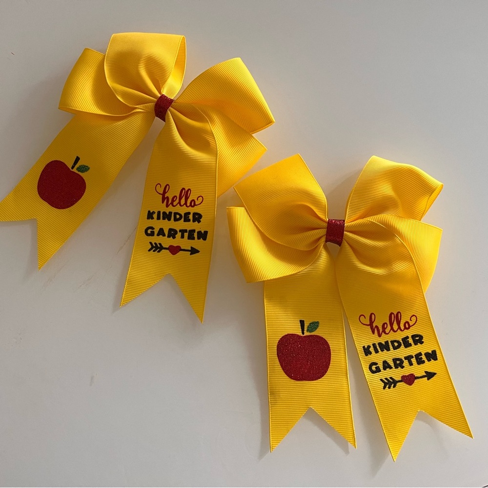 Yellow Kindergarten Hair Bows Apple Twins Twin girls First Day